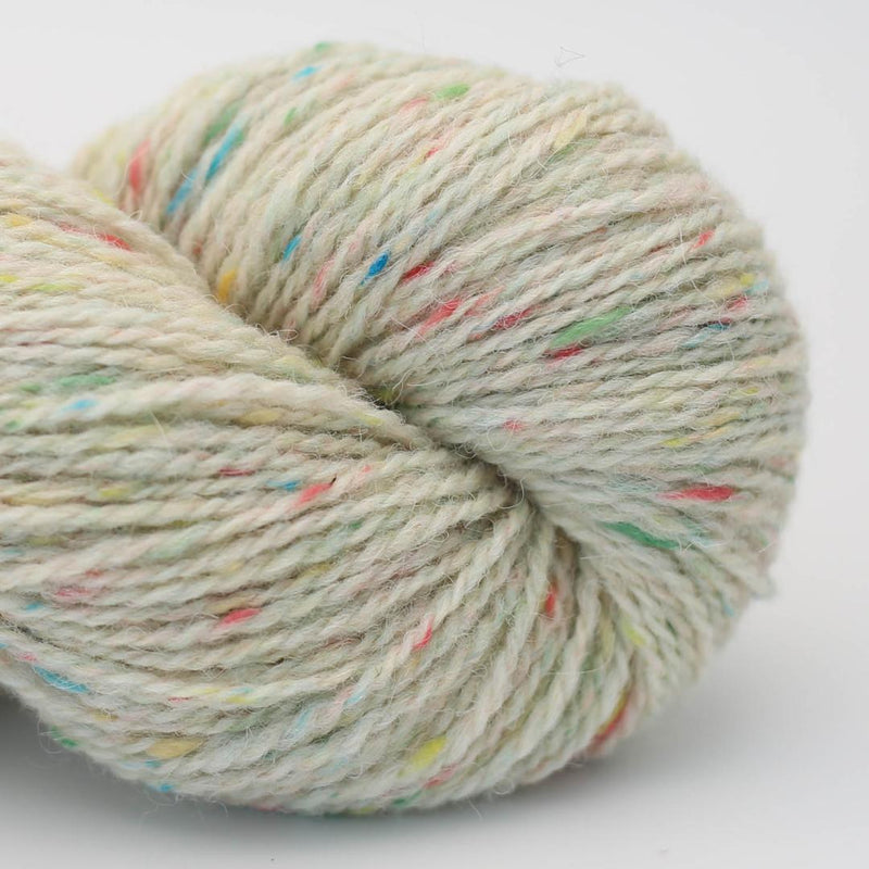 Skein of yarn with multicolored speckles on a white background Beara Irish wool and UK alpaca tweed dk, worsted or aran weight yarn by Hey Mama Wolf 