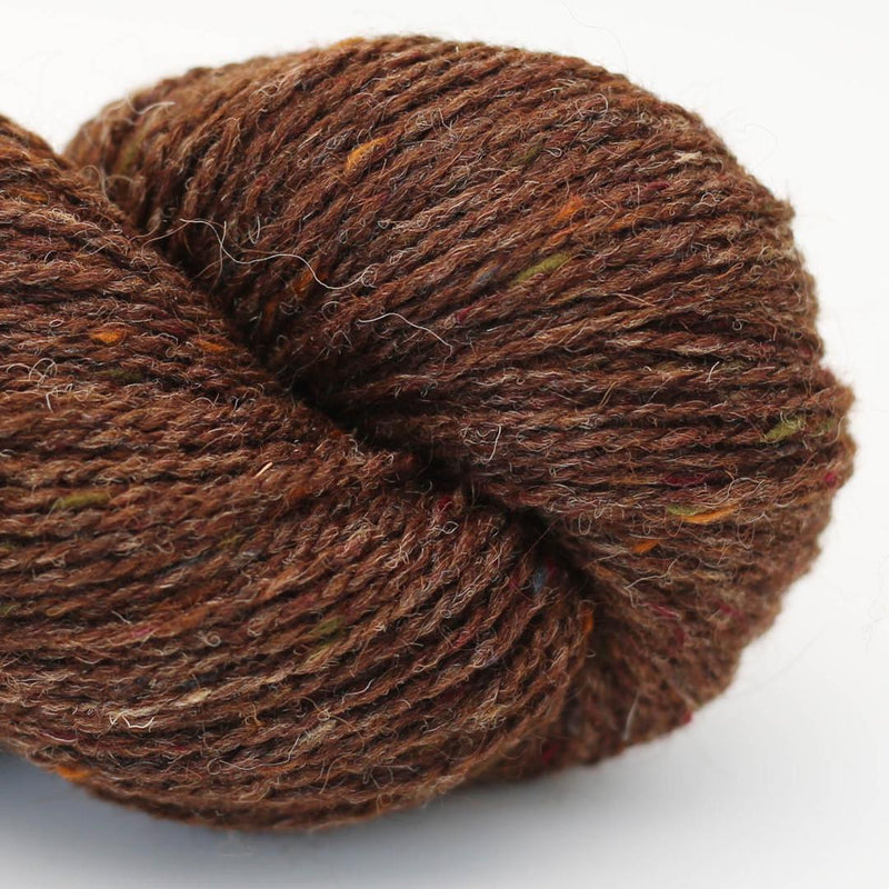 Close-up of a skein of brown yarn with autumnal coloured neps Beara Irish wool and UK alpaca tweed dk, worsted or aran weight yarn by Hey Mama Wolf 