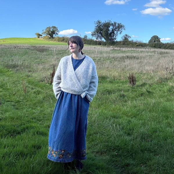 Nicky Jerrome All About The Yarn Wearing her Levitate Wrap knitting design by My Favourite Things Knitwear in Isager Yarn Soft and Trio Chesterblade Hills Somerset